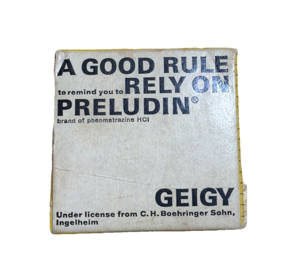 Preludin Ruler W Box Pharmaceutical Drug Promo Apothecary Pharmacy Geigy VTG ’62