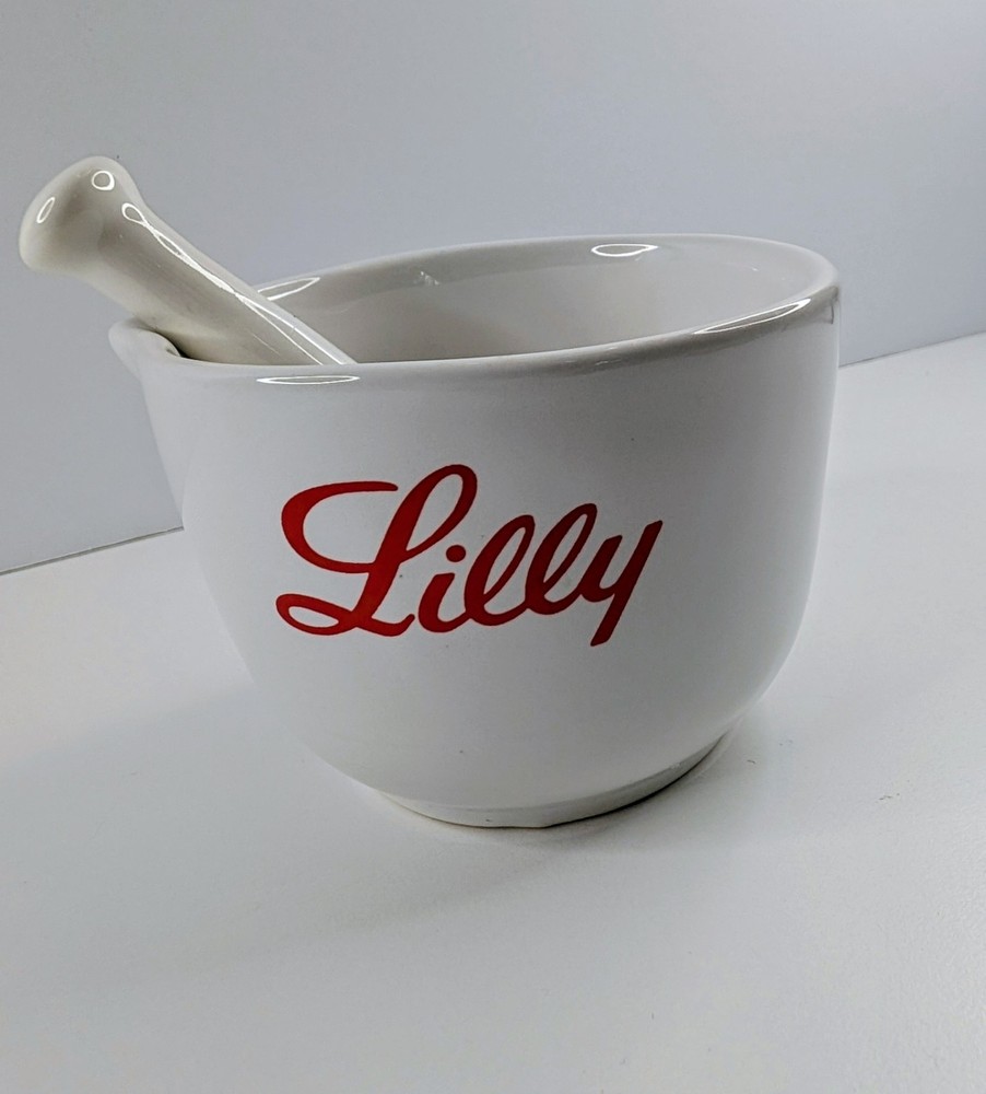 Eli Lilly Ceramic Mortar and Pestle Set Pharmacy Promo Made In USA Collectable