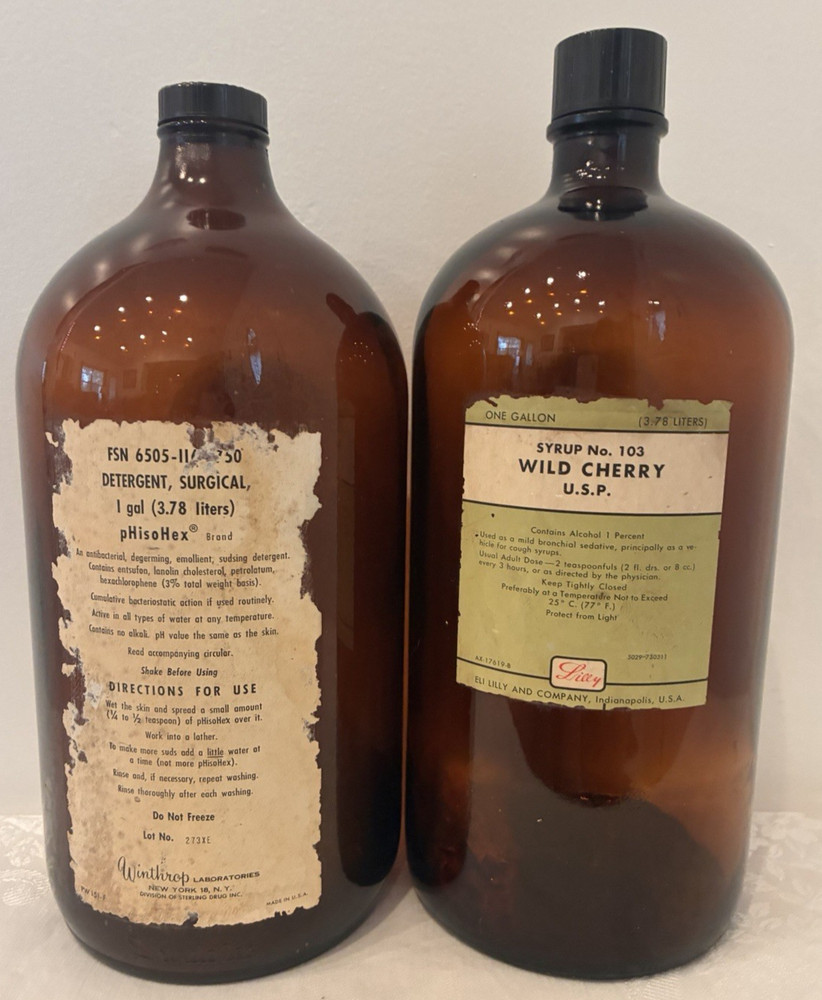 Pair Amber Glass Gallon Medicine Bottle Surgical Doctors Office Cough Syrup