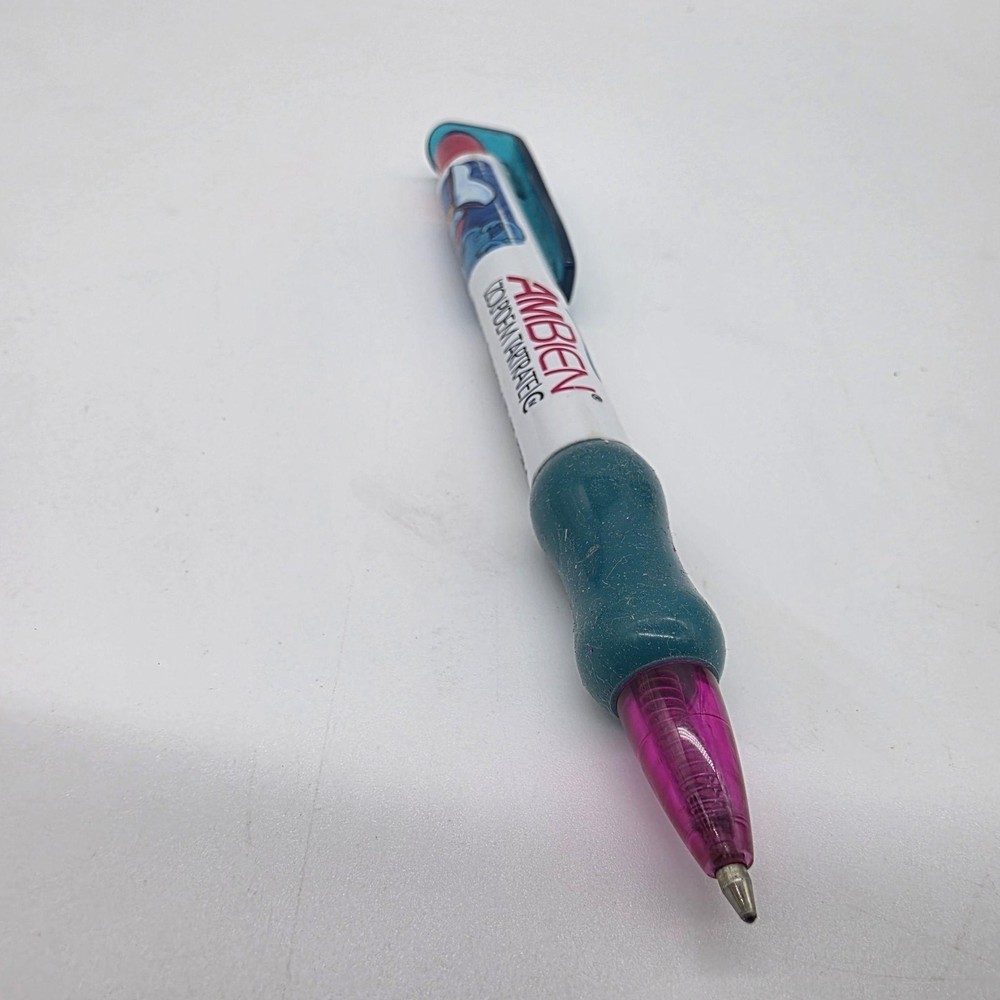 Ambien Zolpidem Tartrate Promotional Pen Teal Grip Pink Clip Black Ink Logo