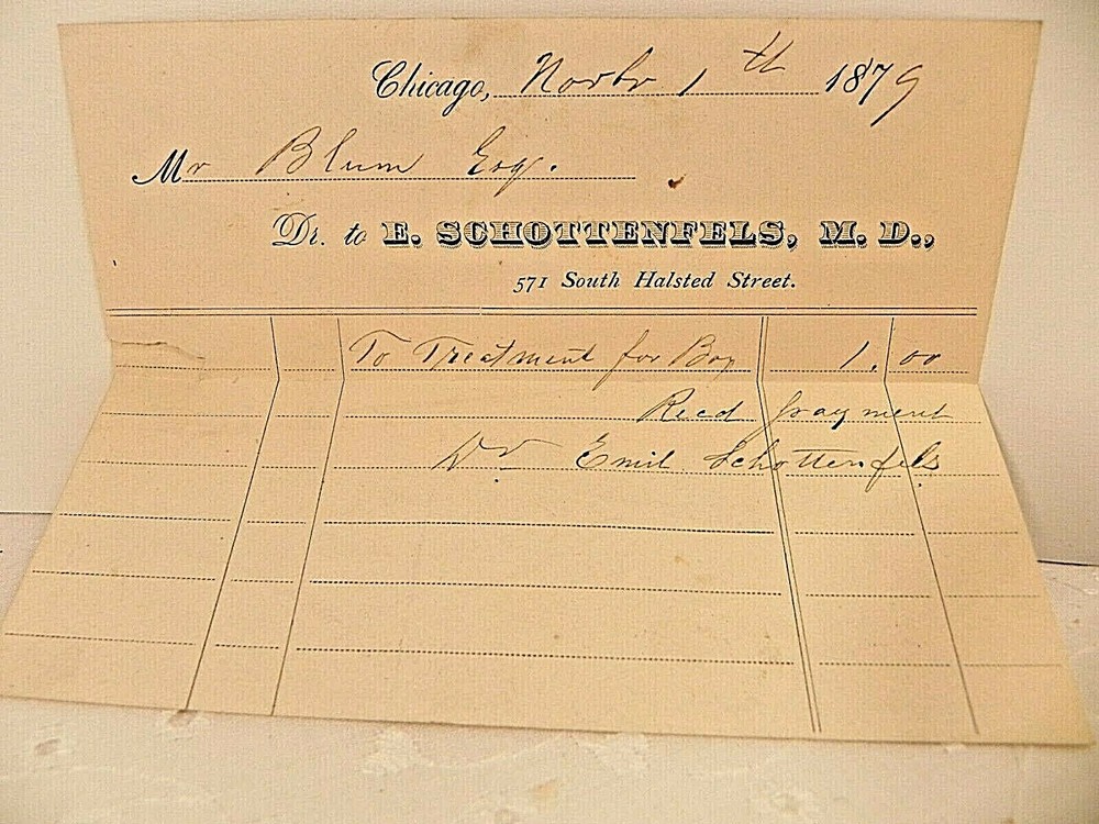 Antique 1879 receipt note paper Chicago IL Dr. E. Schottenfels ephemera