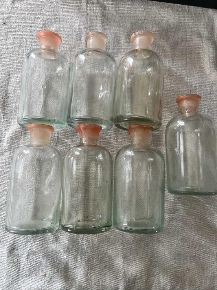 Lot 6 Vintage Glass Apothecary Bottles w/ Ground Stoppers 5.5” Chemist Pharmacy