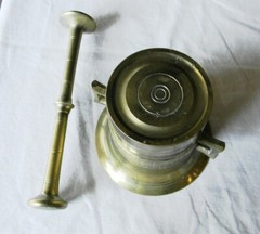 ANTIQUE LARGE SOLID BRASS 4″ TALL MORTAR & PESTLE PHARMACIST CHEMIST APOTHECARY