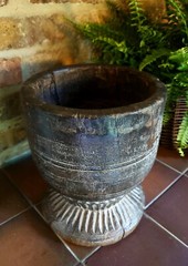 Large 17th Century apothecary hardwood mortar/Wassail Bowl? / carved detailing 