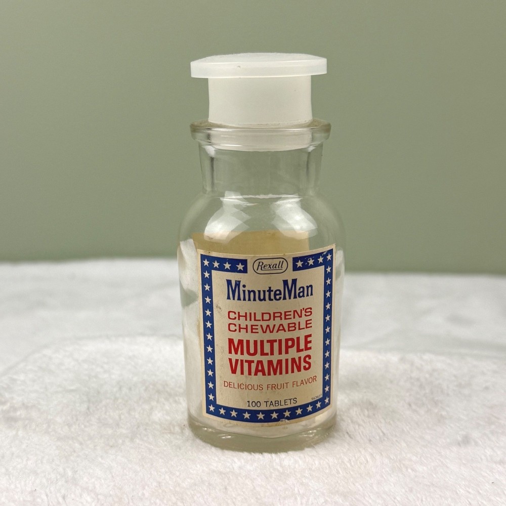 Vintage Rexall MinuteMan Childrens Chewable Multiple Vitamins Glass Bottle 4.5″