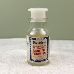 Vintage Rexall MinuteMan Childrens Chewable Multiple Vitamins Glass Bottle 4.5″