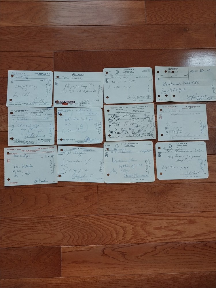 Antique Rx Prescription Forms 1964-65 Paper Ephemera Indiana Pharmacy Set Of 12