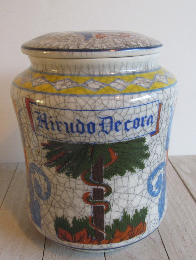 vtg Apothecary Pharmacy Jar Hirudo Decora American Leech Ceramic OMC Japan