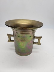 Vintage Solid Brass Mortar and Pestle Set With Square Handles Iridescent Patina
