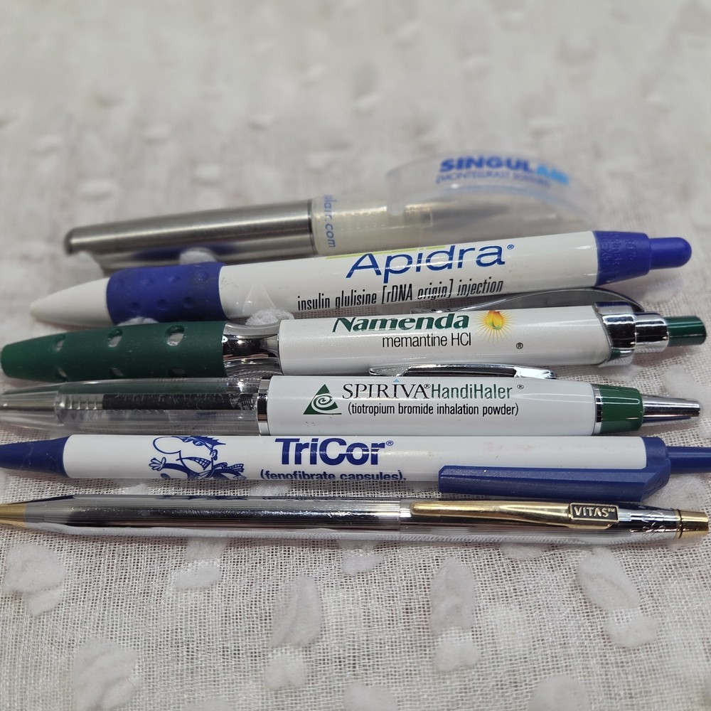 Lot of 7 Pharmaceutical Pens Namenda Spiriva Apidra Singular Tricor Vitas Drug