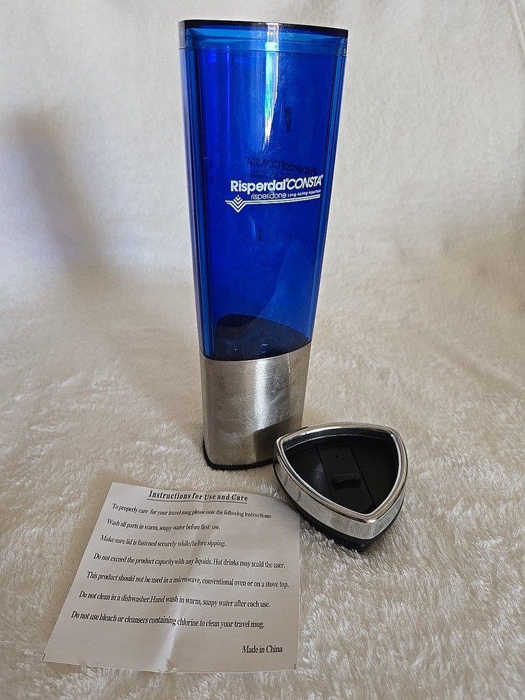 RARE Pharma Drug Rep Risperdal Travel Mug & Lid To Go Cup NEW
