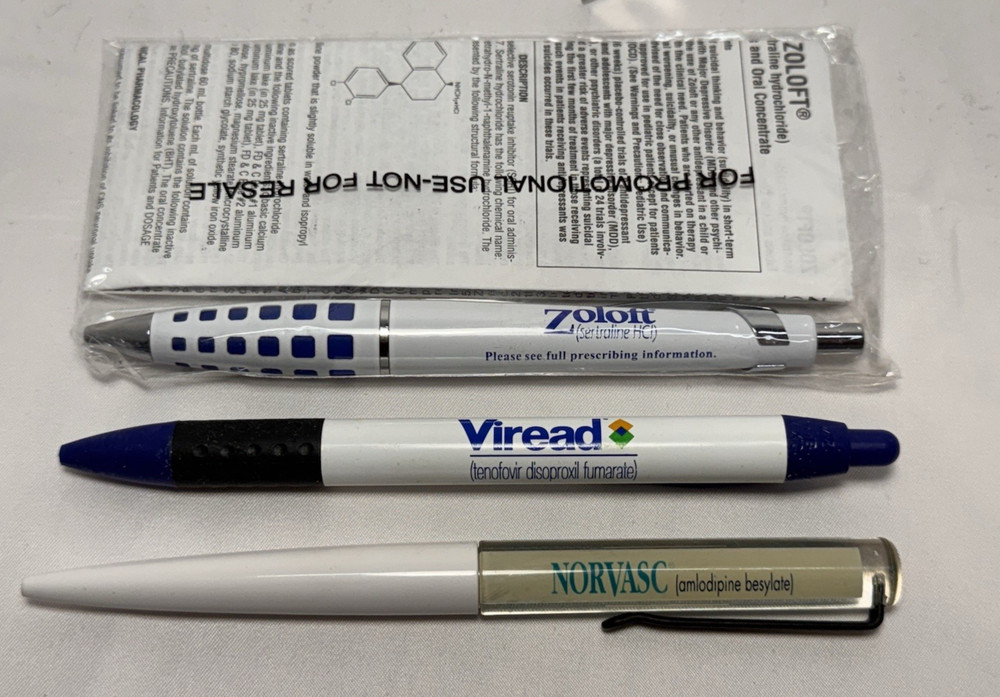 Multiple Pens Zoloft Viread Norvasc Sales Rep Medicine Pharmaceutical Pens VTG
