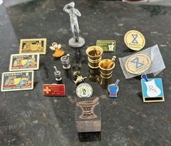 Vtg Pharmacy Pin Lot 1980 Pewter Figurine 1972 Stamp Pins Apothecary Rx Badge