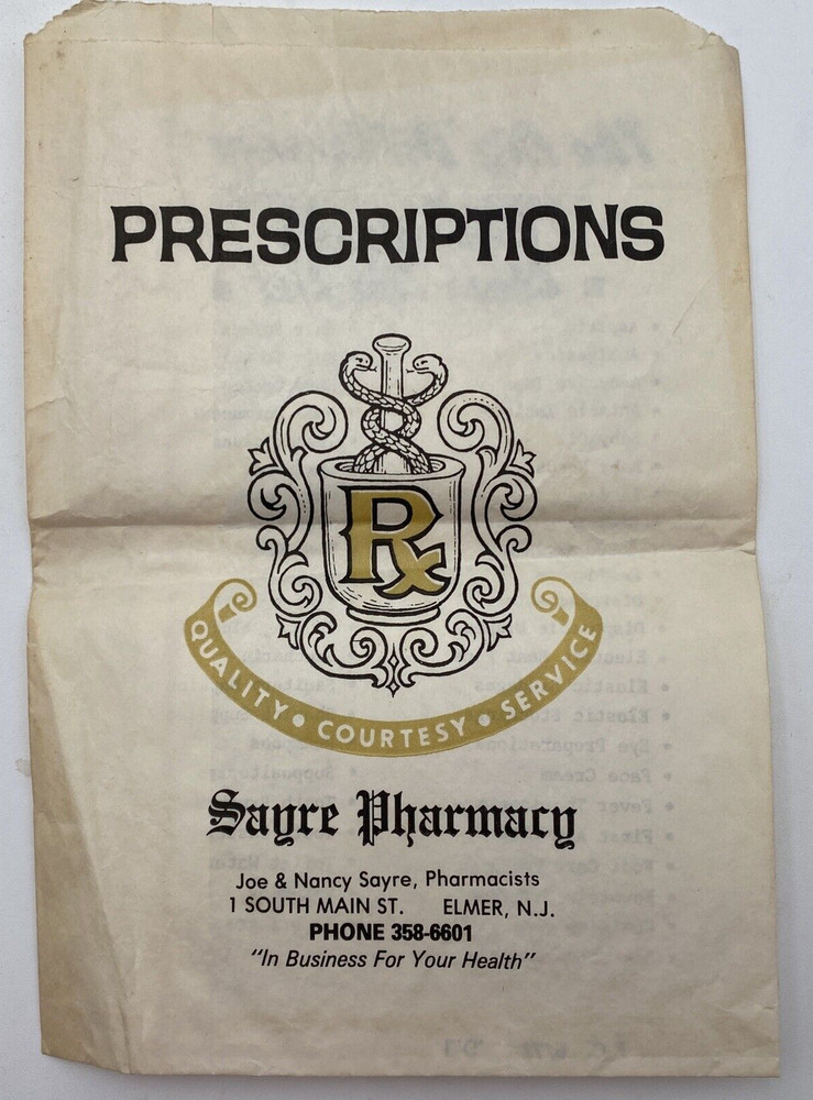 Sagre Pharmacy Paper Prescription Bag Elmer New Jersey Ephemera Prop Vtg 1970s