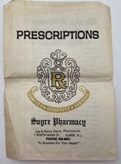 Sagre Pharmacy Paper Prescription Bag Elmer New Jersey Ephemera Prop Vtg 1970s