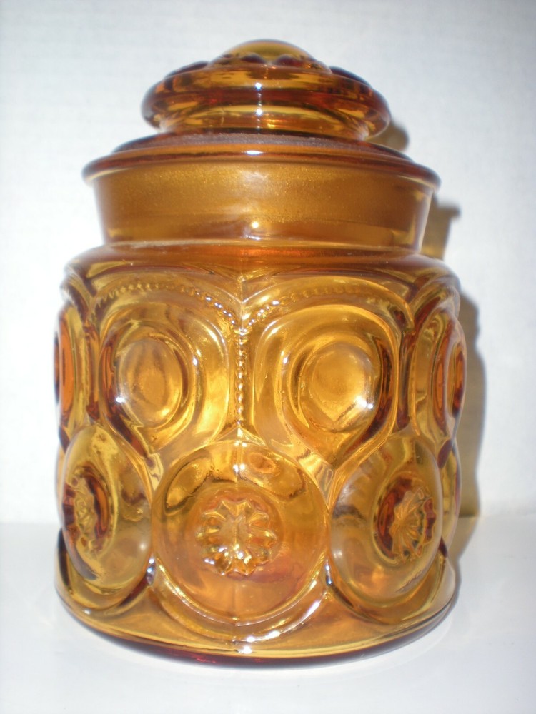 Vintage Amber Yellow Moon & Star Glass Canister Apothecary Jar 7″ LE Smith