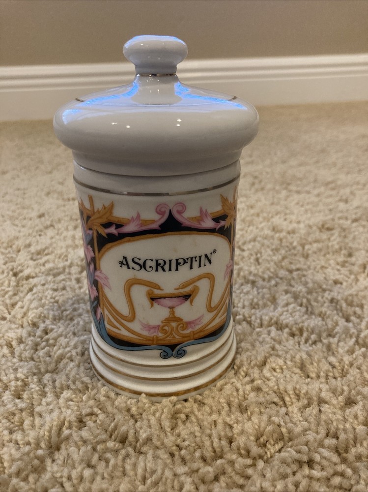 Porcelain APOTHECARY Jar & Lid Ascriptin Made In Japan Medicine Pharmacy Vintage