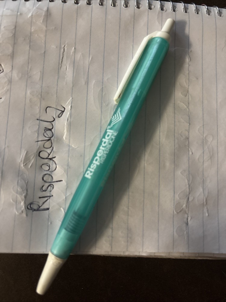 Risperdal Risperidone Pharmaceutical Ballpoint Pen. Teal triangle. Working