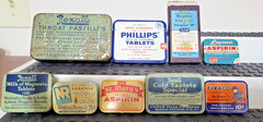 Vintage -Unique- 9 medicine advertising tins Rexall, Fixaco, Laymon’s +6