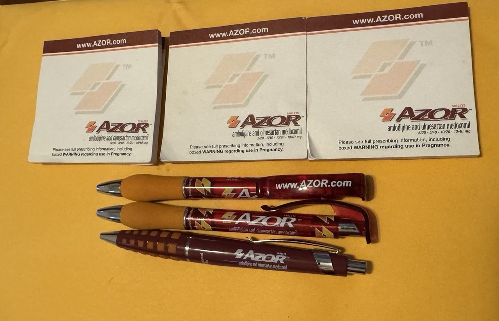 AZOR Lot of Pharmaceutical Promotional Plastic and metal pen and 3 notepads