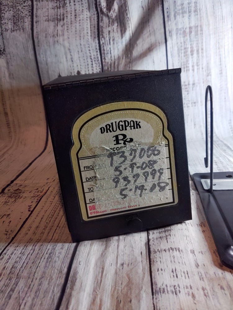 Vintage Black Metal Drugpak Rx Prescription Record File Pharmacy Box, Apothecary