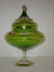 12″ Green Apothecary Jar Canister Circus Tent Lid Vtg Hand Blown Xmas Poinsettia