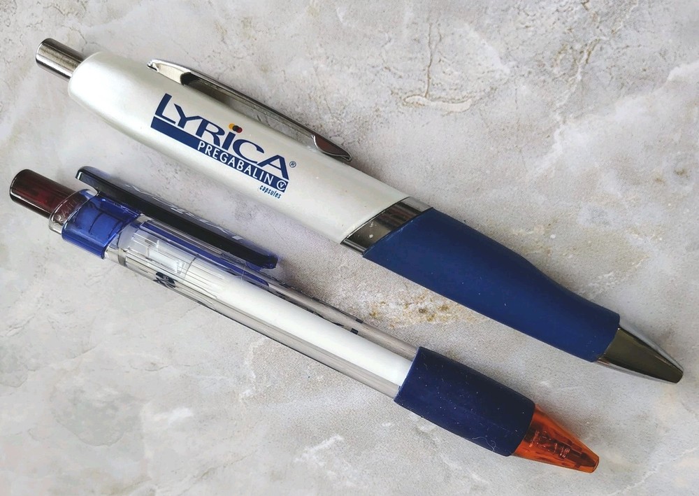 Lot Of 2 Lyrica Drug Rep Pharmaceutical Pens 1 Heavy Metal 1 Plastic Advertising
