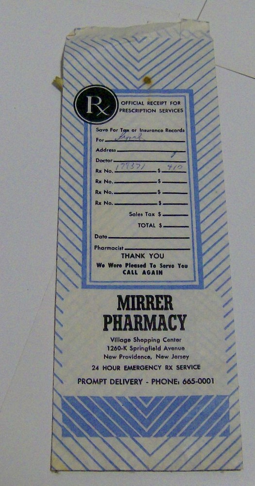 vintage 1970s MIRRER PHARMACY New Providence New Jersey ADVERTISING BAG doctor
