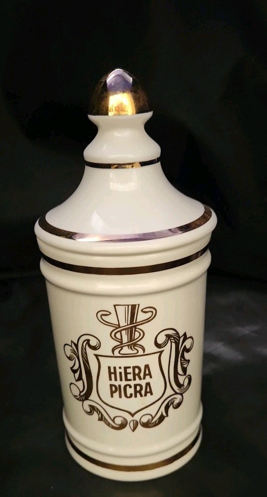 VINTAGE PHARMACY HIERA PICRA APOTHECARY CANISTER JAR WITH LID- OWENS, ILLINOIS