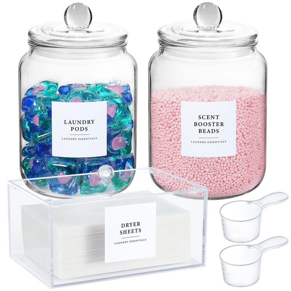 Glass Jars and Dryer Sheet Holder, Dispenser Set with Lids and Labels, Contai…