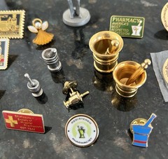 Vtg Pharmacy Pin Lot 1980 Pewter Figurine 1972 Stamp Pins Apothecary Rx Badge