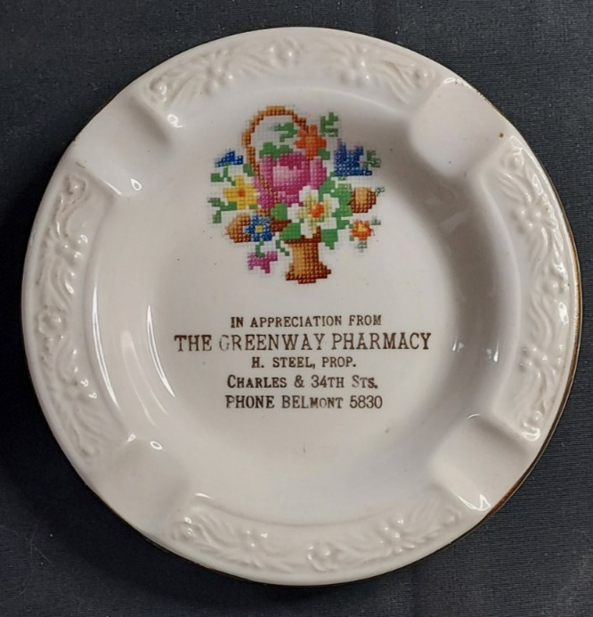 Old Advertising Ashtray Greenway Pharmacy Steel Baltimore New Yorker Salem 22KT