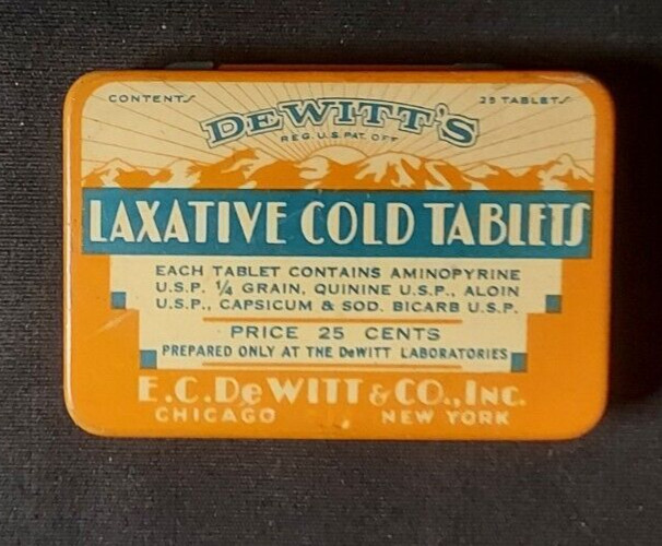 Old Empty Medicine Tin DeWitt’s Laxative Cold Tablets EC DeWitt Chicago New York