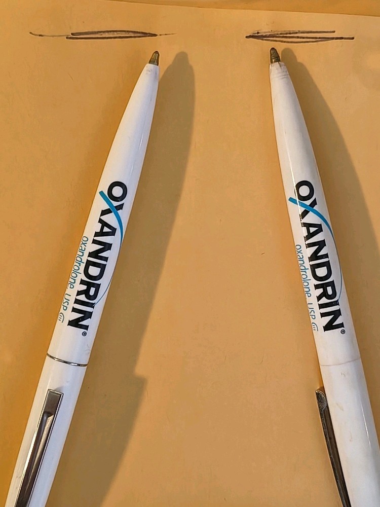 Lot of 2 Oxandrin BIC Pharmaceutical Black Box Drug Rep Advertising Pens Working