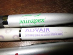 LOT OF 4 HEAVY METAL DRUG REP PENS- MIRAPEX, ADVAIR DISKUS, AND 2 AGGRENOX