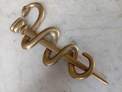 Vintage Brass Rod of Asclepius Medicine Symbol Serpent Snake Two Parts Removable