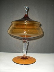 12″ Amber Apothecary Jar Empoli Italian Canister Circus Tent Lid Vtg Hand Blown