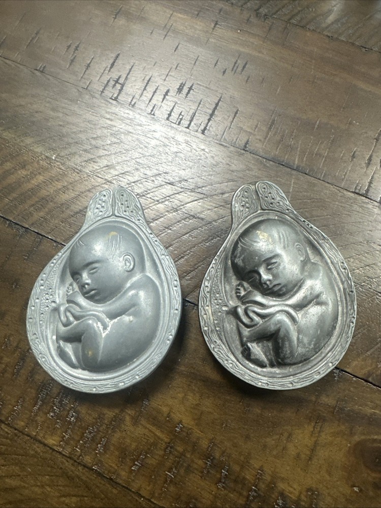 2 Parke-Davis TABRON 1950s Vintage Pharmaceutical Pewter Fetus Paperweight VGC
