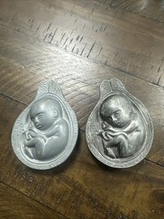 2 Parke-Davis TABRON 1950s Vintage Pharmaceutical Pewter Fetus Paperweight VGC