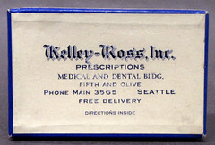 white 1937 PRESCRIPTION BOX Kelley-Ross Inc Pharmacy Seattle Wash. DR. UNDERWOOD