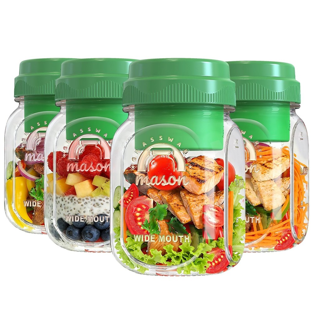 [UPGRADE] 4 Pack Green Salad Jars with Lids and Airtight Silicone Dressing Cu…