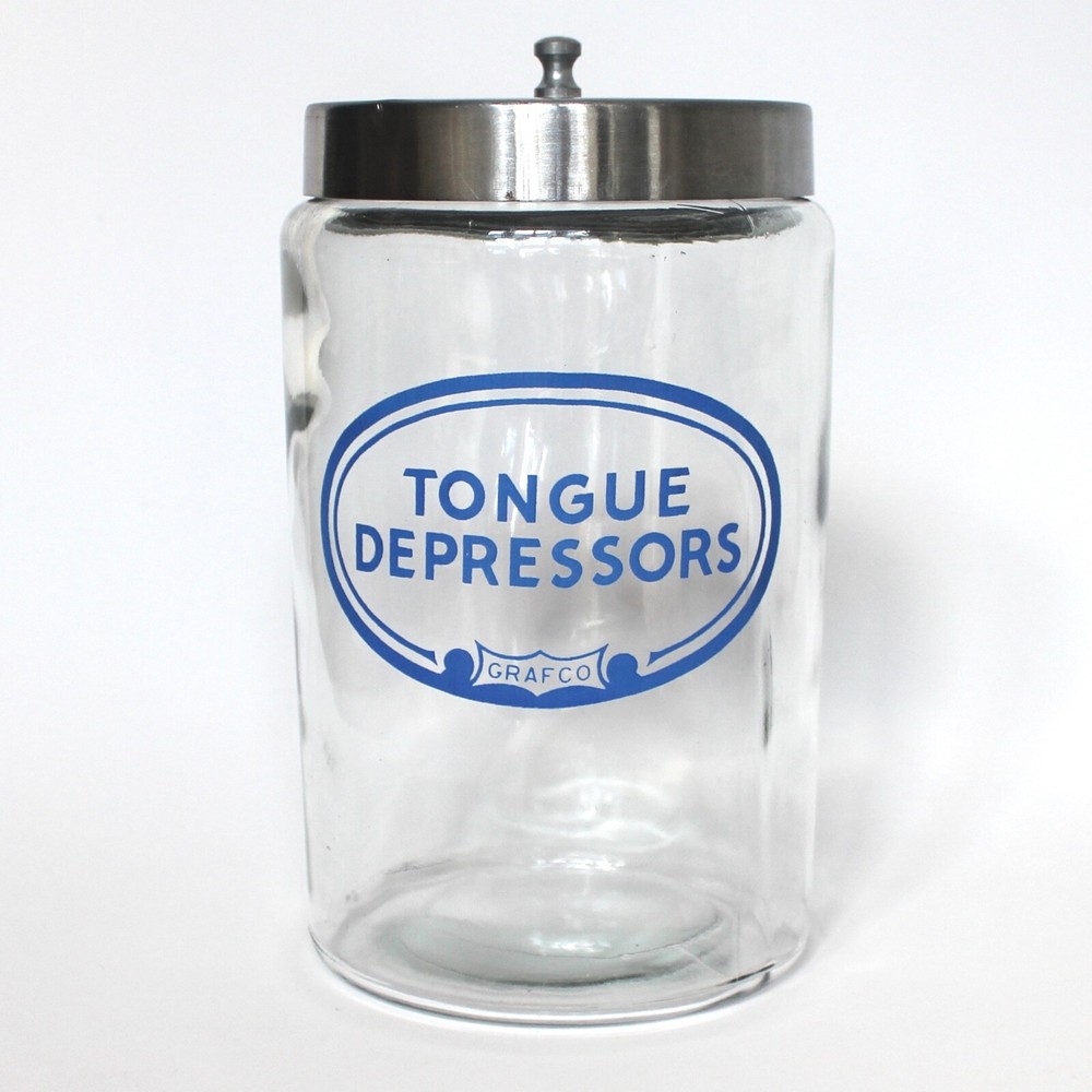Grafco Medical Apothecary Glass Jar Stainless Lid Blue Letters Tongue Depressors