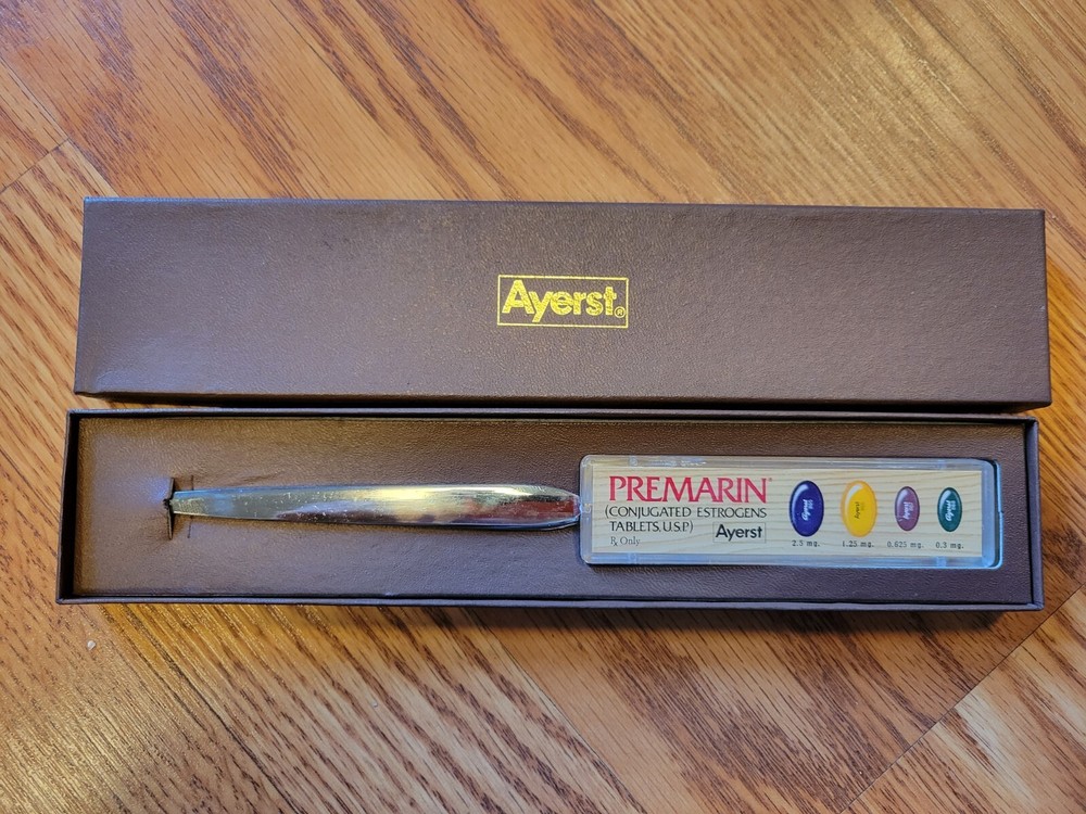 VINTAGE PREMARIN LETTER OPENER AYERST LABORATORIES TABLETS IN presentation case