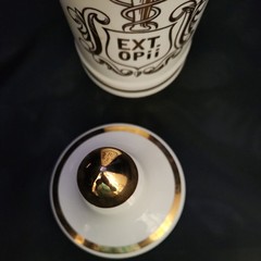 Vintage Pharmacy EXT OPii Canister Jar w/ Lid-Cream & Gold Trim-Owens Glass IL