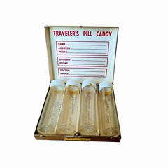 Vintage Brass Travelers Pill Caddy Case Complete set 4 Medicine Vials 1950s Prop