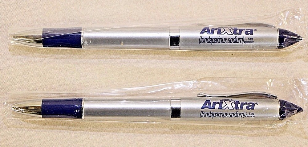 Pharmaceutical Heavy Metal Arixtra Pen Brushed Silver with Blue Comfort Grip NEW