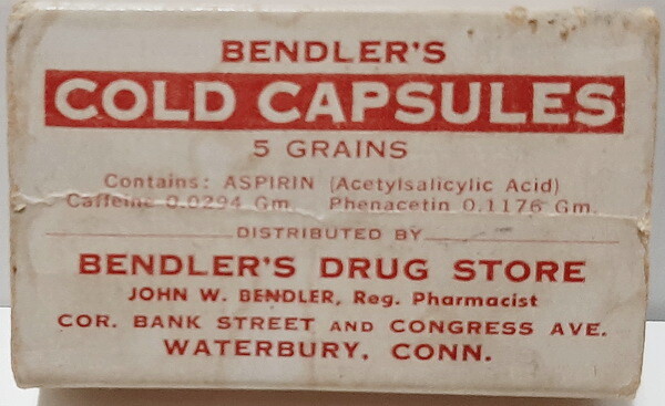 Bendler’s Cold Capsules Box, Bendler’s Drug Store, Waterbury, Conn.