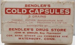 Bendler’s Cold Capsules Box, Bendler’s Drug Store, Waterbury, Conn.
