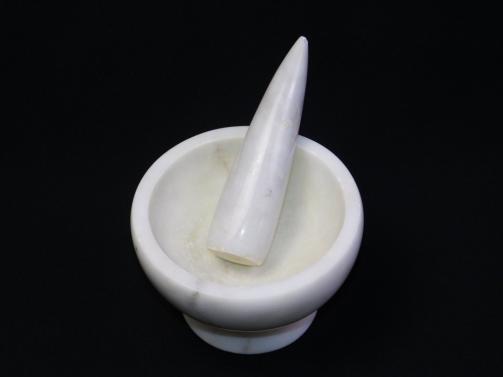 Vintage Solid Granite Large Mortar and Pestle White Gray Swirl