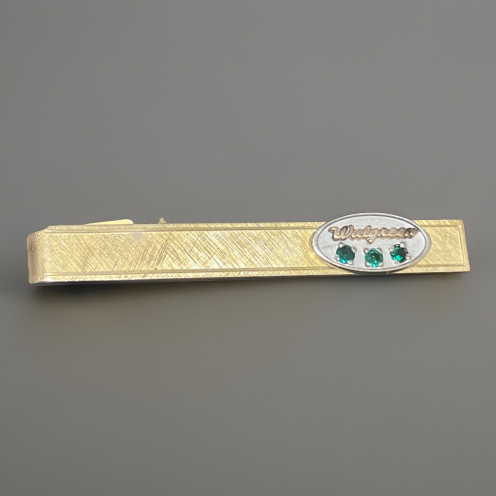 Vintage Walgreens Employee Tie Clip Gold w/ Green Stones 1960s–80s